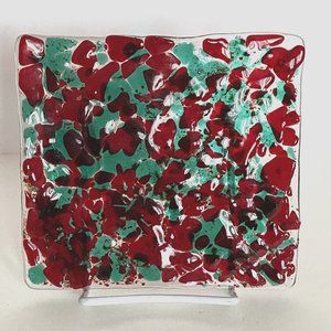 Fused Art Glass Trinket Tray Ring Dish Catch All Cranberry Red Mint Green 6x6.5